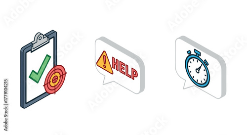 Isometric checklist, alert, and timer icons for task management and productivity
