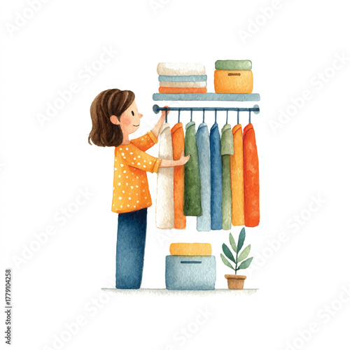 Woman organizing clothes in a closet, tidying up her wardrobe.