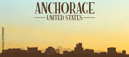 Panoramic poster of the city skyline with misty background buildings, hills sunrise, sunset and clouds of ANCHORAGE, UNITED STATES