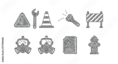 Sketch style safety equipment and hazard icons set for emergency preparedness