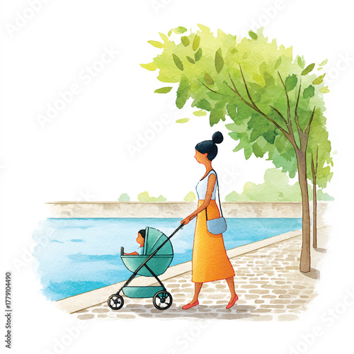 Woman pushing baby stroller along a waterfront path, a serene summer scene, a mother enjoying a leisurely walk with her child, a peaceful moment of family time, a beautiful day outdoors.