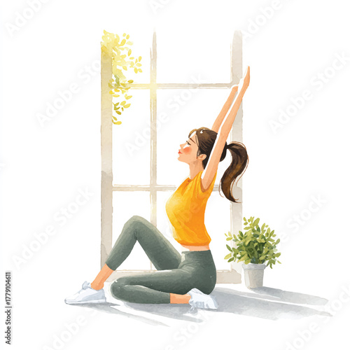 Woman Stretching in a Relaxed Pose by the Window.