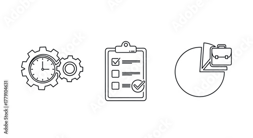 Minimalistic icons of gears, checklist, and pie chart with briefcase for business concepts