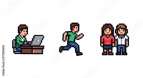 Pixel art characters office work, running, friendship moments