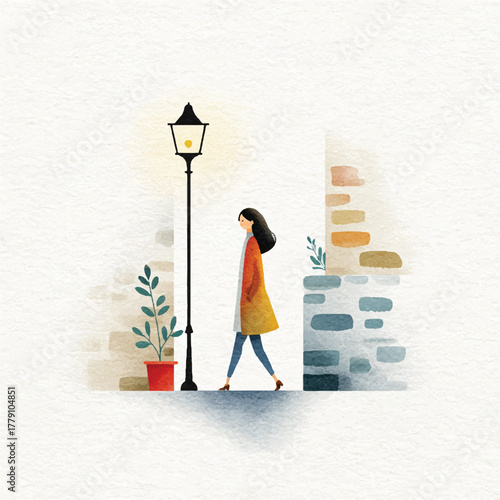 Woman Walking Under Streetlight in Watercolor Style Illustration.