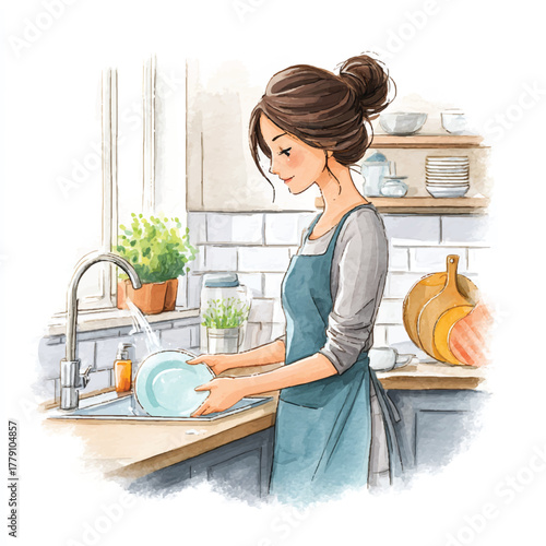 Woman washing dishes in a kitchen, watercolor illustration.