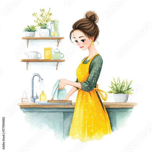 Woman washing dishes in a kitchen with plants.