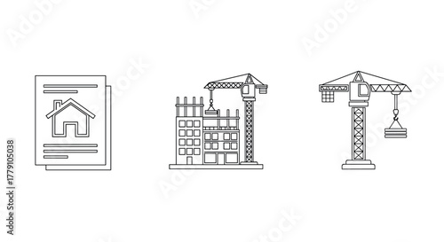 Construction icons set building permits, crane, architecture in line art style