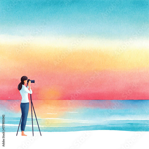 Woman with binoculars observing the horizon at sunset, artistic watercolor illustration.