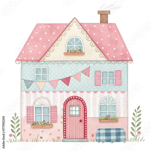 A cute vintage patchwork House illustration Clipart 
