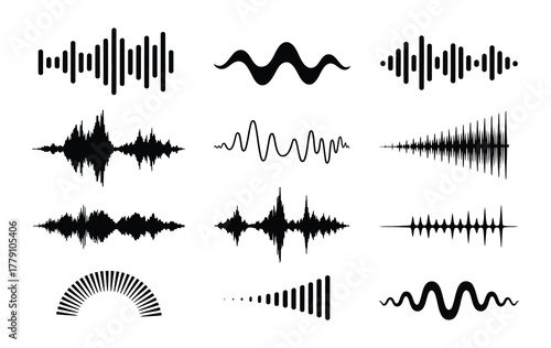 Sound waves collection. Analog and digital audio signal. Music equalizer. Interference voice recording. High frequency radio wave. Vector illustration