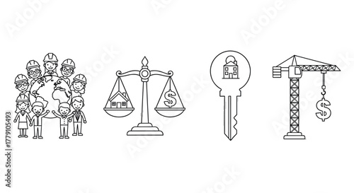 Real estate outline icons community, finance, home, construction concepts