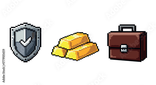Retro pixel art symbols of security, wealth, and business with shield, gold bars, and briefcase