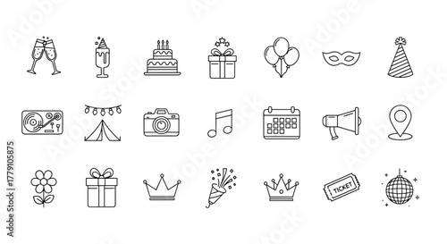 A minimalist and elegant line icon set representing various event and decor elements, perfect for party planning graphics, invitations, and celebrations. This collection features icons like champagne
