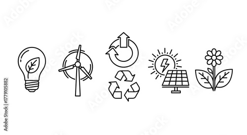 Set of ordered line icons representing eco-friendly symbols, energy, sustainability, wind power, solar energy, recycling, and nature, presented on a clean white background, ideal for environmental