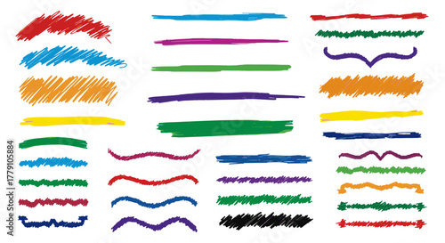 Collection of hand-drawn colorful brush strokes and lines, resembling crayon, pencil, chalk, and marker textures, perfect for adding a sketchy, kid-art style emphasis to designs, highlighting text