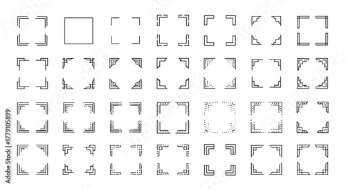 Collection of simple line art frame and border design elements, vector flat icons for graphic resources, perfect for adding decorative touches to designs without text, showcasing a variety of corner