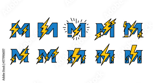 Set of ten 'M' letter logos with a yellow lightning bolt element, presented in a clean, modern, and energetic design. Each 'M' is a vibrant blue with a sharp, dynamic yellow lightning bolt