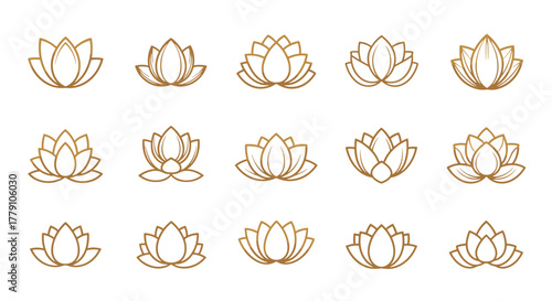 Collection of Golden Lotus Icons, Vector Cartoon Illustrations with a Clean Outline Style, Perfect for Branding, Yoga, Meditation, and Wellness Themes, Minimalist Design Elements on a Black