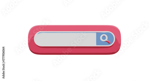 Minimalistic 3D search bar illustration with a pink background and a magnifying glass icon, perfect for web design, UI elements, and digital interfaces, representing search, discovery, and online