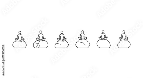 A minimalist vector illustration showcases a sequence of six identical white line art silhouettes of a person meditating in a lotus pose on a rock, set against a stark black background, symbolizing