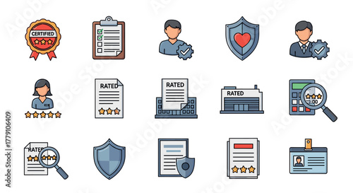 Professional and business icons certification, ratings, and security, flat style
