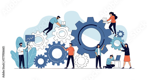 Team collaboration concept with gears and people in modern flat design