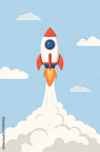 A rocket launch into the day sky with clouds leaving a trail of fire