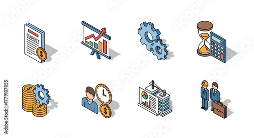 Isometric business and finance icons set with graphs, charts, and time management elements
