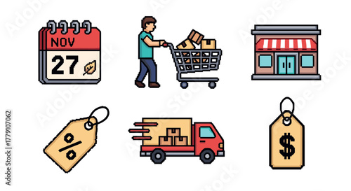 Black friday shopping icon set featuring discounts, sales, and retail themes in pixel art style