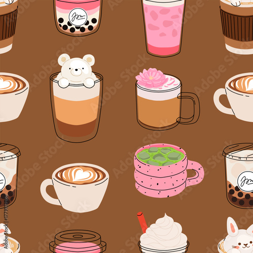 Cute coffee drinks seamless pattern. Cartoon kawaii coffee cups with whipped cream, matcha latte, bubble tea, bear and bunny foam art, pink milk tea. Cozy winter and Valentines design