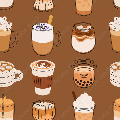 Seamless coffee pattern with cute drinks. Cartoon vector of cappuccino, latte, mocha, bubble tea, iced coffee, hot chocolate, and bear latte art. Cozy winter cafe design illustration.