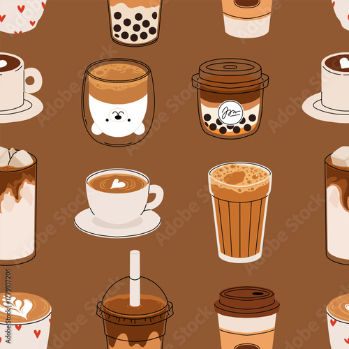 Seamless coffee pattern with cute drinks. Cartoon vector of cappuccino, latte, mocha, bubble tea, iced coffee, hot chocolate, and bear latte art. Cozy winter cafe design illustration.