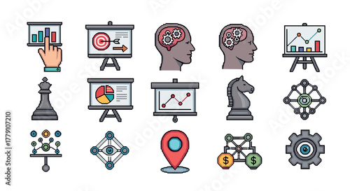 Pixel art icons of business strategy and analytics featuring charts and symbols