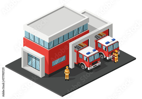 Isometric fire station building with fire trucks and firefighter crew. Vector illustration concept for emergency services graphic design element
