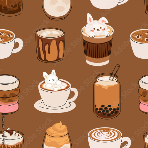 Seamless coffee pattern with cute drinks. Cartoon vector of cappuccino, latte, mocha, bubble tea, iced coffee, hot chocolate, and bear latte art. Cozy winter cafe design illustration.