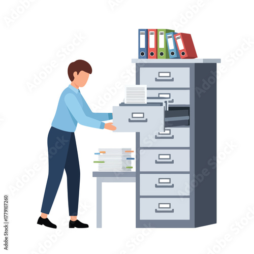 Professional worker filing documents in office filing cabinet for organization