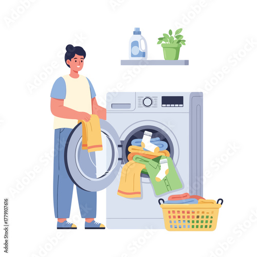 Man doing laundry at home with a washing machine for household chores