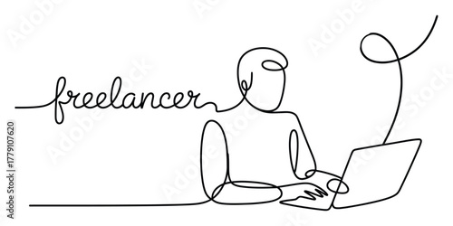 Freelancer working on laptop, continuous line art illustration