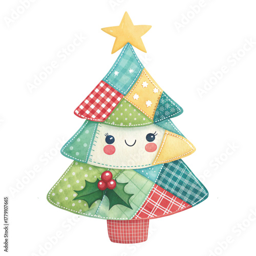 A patchwork Christmas tree illustration with pastel fabric patches in pink Clipart