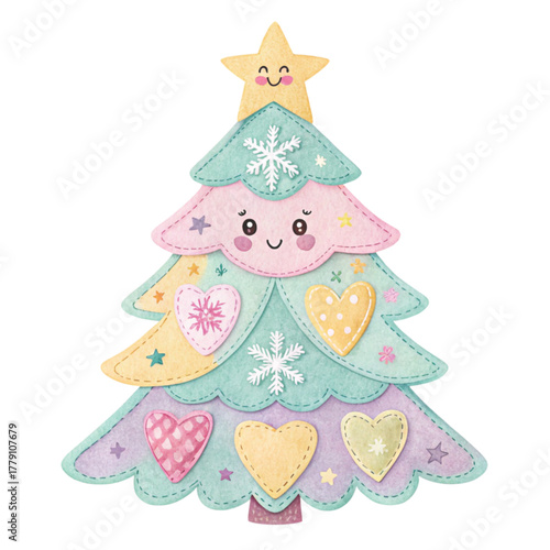 A patchwork Christmas tree illustration with pastel fabric patches in pink Clipart