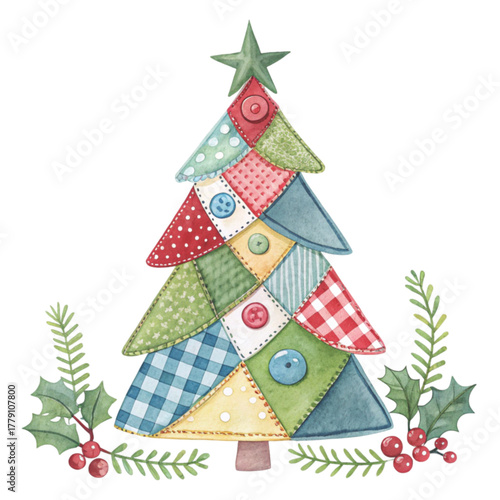 A patchwork Christmas tree illustration with pastel fabric patches in pink Clipart