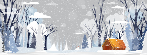 village and forest tree,mountain on xmas,Illustration cute cartoon nature night sky,snowy banner