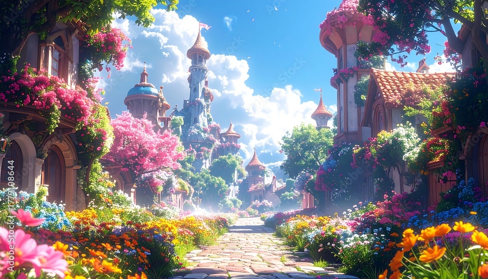 Naklejka premium Dreamy scene of a flower-lined path leading through whimsical buildings with fairytale towers under a bright sky