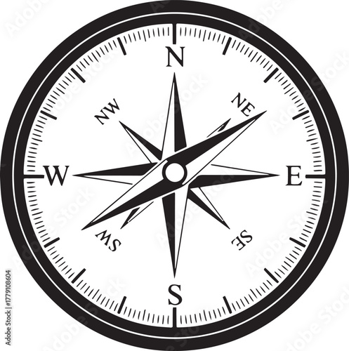 Black and white compass with a classic star and direction markers shows orientation