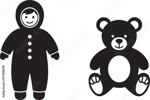 Black monochrome icon of a child in winter clothing and a teddy bear appears transparent
