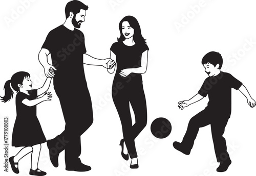 Happy family enjoys playing soccer together with love and laughter, isolated on white