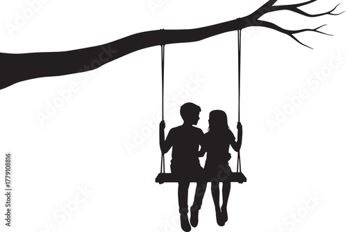 Couple silhouette on tree swing, romantic serene moment together