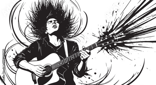 Intense young man passionately plays acoustic guitar with wild, flowing hair and transparent background