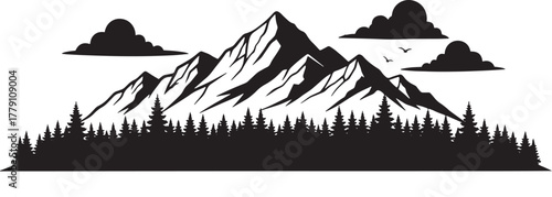 Silhouette mountains rise behind the trees, with birds flying near the clouds in isolation